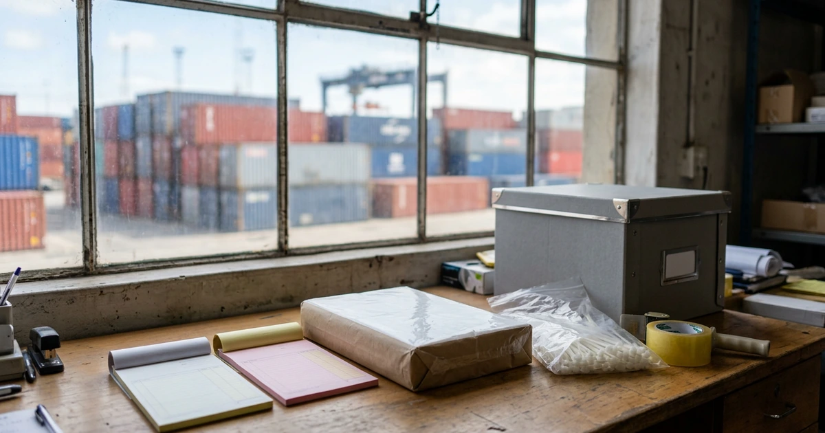 Bàn kho cạnh cửa sổ nhìn ra bãi container: hai cuốn phiếu nhiều liên, gói giấy mỏng bọc giấy nâu, hộp hồ sơ xám, bịch dây rút trắng và cuộn băng keo vàng