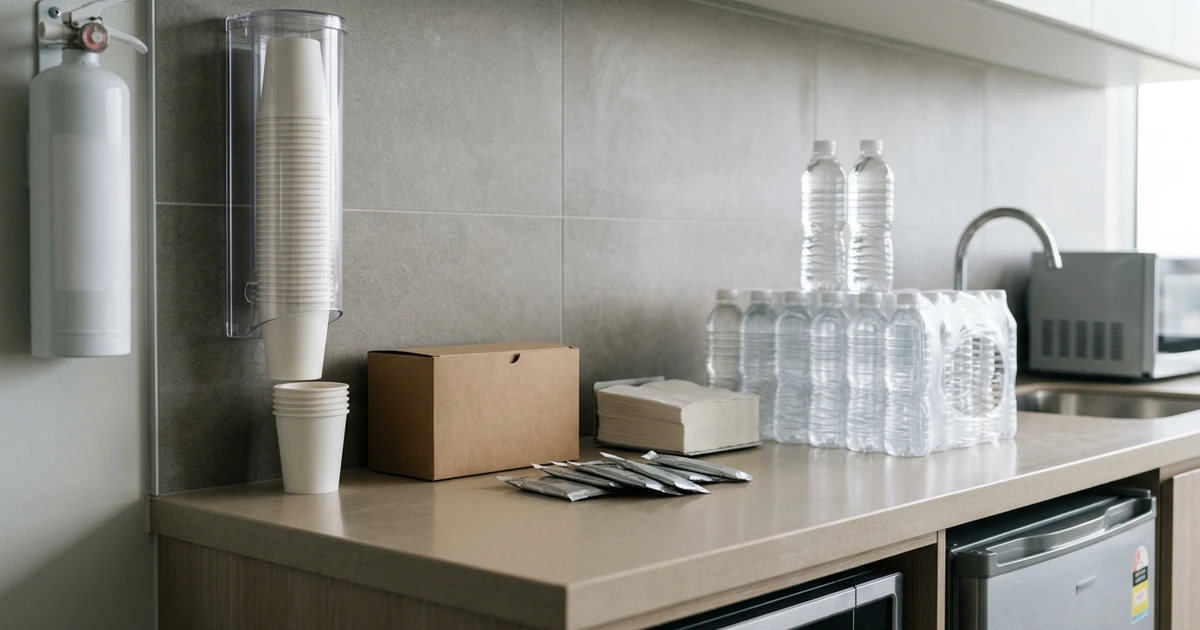 Quầy phòng nước có ống đựng ly gắn tường, ly giấy trắng, hộp giấy nâu, gói cà phê, khăn giấy và thùng chai nước suối không nhãn