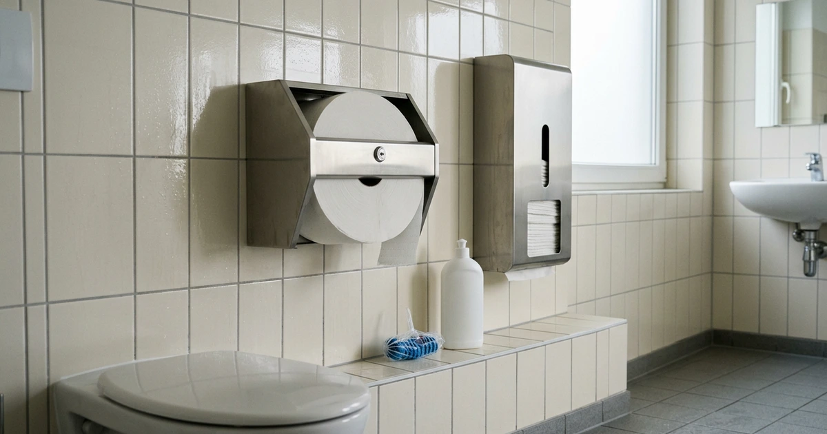 Nhà vệ sinh ốp gạch: hộp inox treo tường đựng cuộn giấy vệ sinh lớn, hộp đựng khăn giấy lau tay, chai trắng trơn và viên tẩy bồn cầu màu xanh