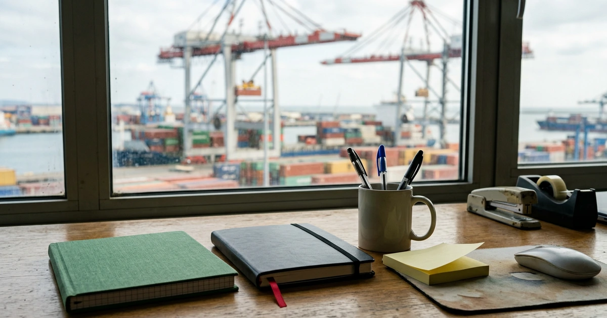 Bàn làm việc cạnh cửa sổ nhìn ra bến container và cần cẩu: sổ caro bìa xanh lá, sổ da đen có dây ruy băng đỏ, ly bút, xấp giấy note vàng, máy bấm kim và bàn cắt băng keo