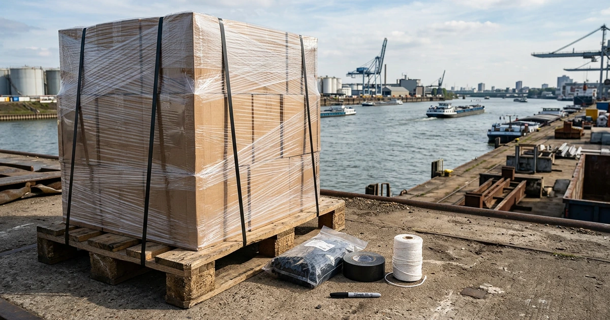 Pallet thùng carton quấn màng, túi dây rút đen, cuộn băng vải sẫm, cuộn dây ni lông và cây bút lông đen trên nền sàn xưởng