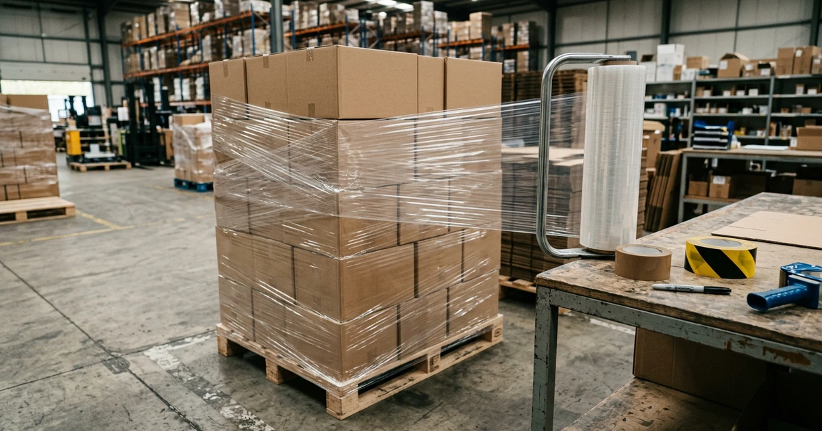Khu đóng hàng: pallet thùng carton trơn đang quấn màng PE trong suốt, cuộn màng, băng keo nâu và vàng đen, bút lông đen trên bàn