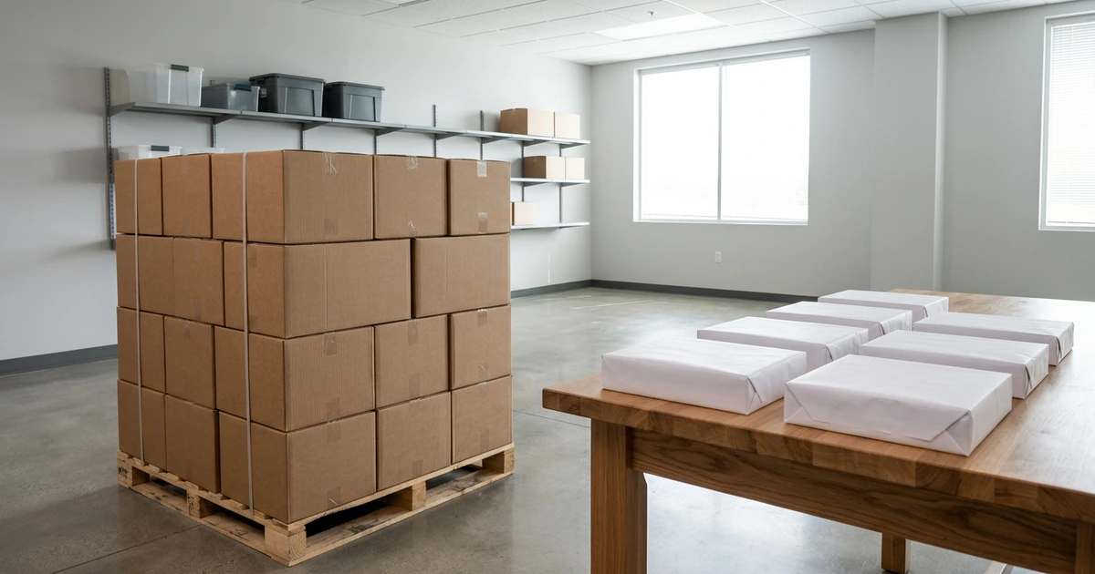 Kiện carton trơn xếp trên pallet gỗ trong phòng vật tư sáng, vài ram giấy gói trắng đặt trên bàn gỗ
