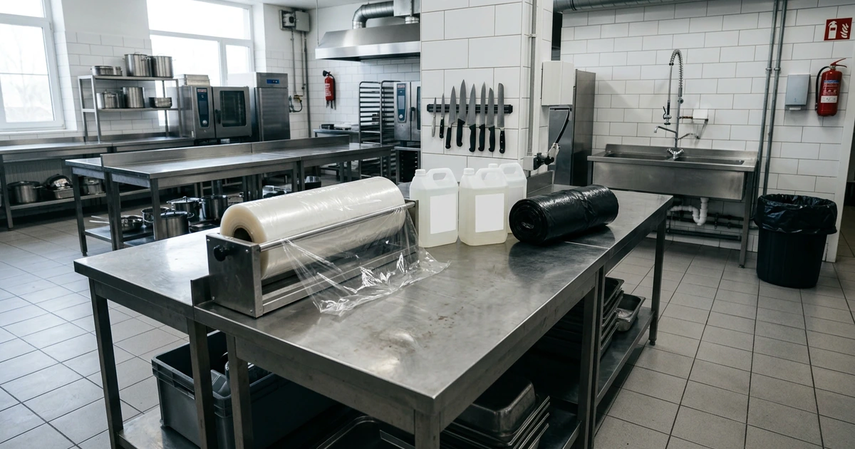 Bếp ăn lớn của nhà máy: bàn inox với cuộn màng bọc thực phẩm lớn, can nước rửa chén nhãn trắng, cuộn túi rác đen và dao bếp trên giá