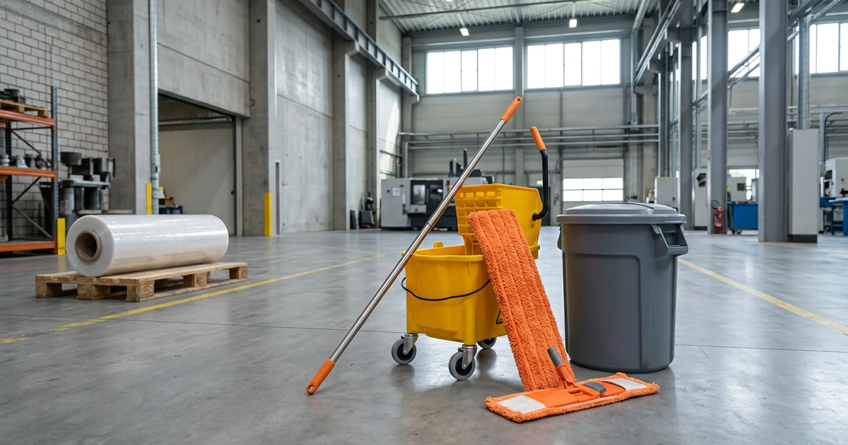 Sảnh xưởng rộng: cây lau sàn cán inox dựa vào xe vắt nước màu vàng, thùng rác xám có nắp, cuộn màng PE trên pallet gỗ