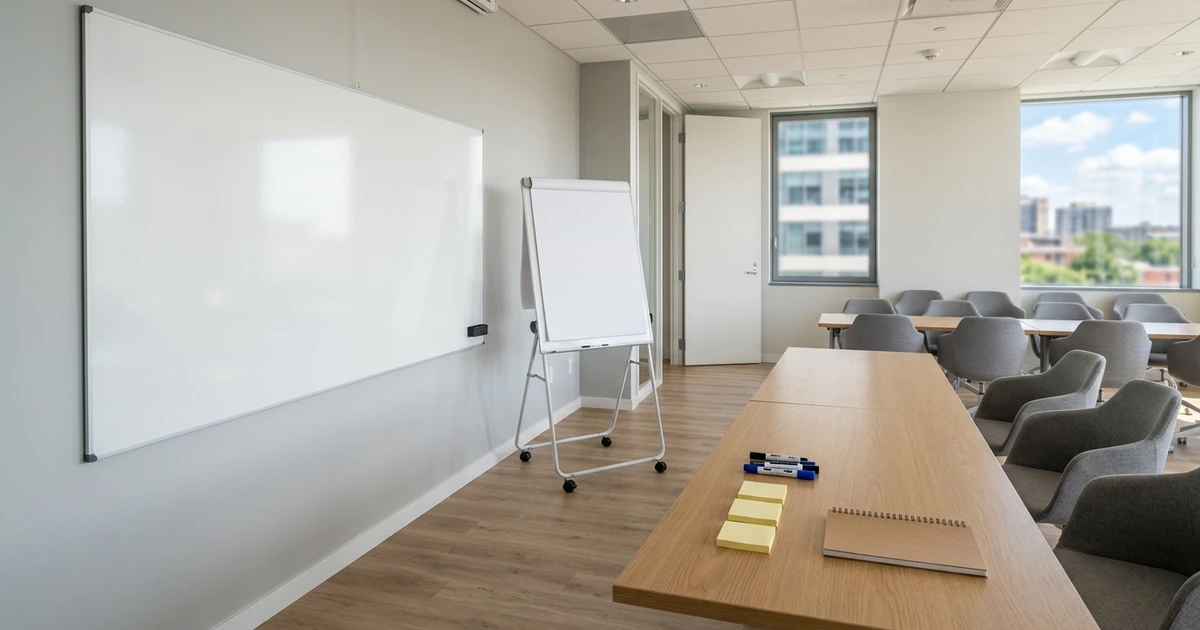 Phòng họp trống có bảng trắng treo tường, bảng flipchart chân gấp có bánh xe, và trên bàn là vài bút lông bảng, xấp giấy note vàng, một cuốn sổ lò xo