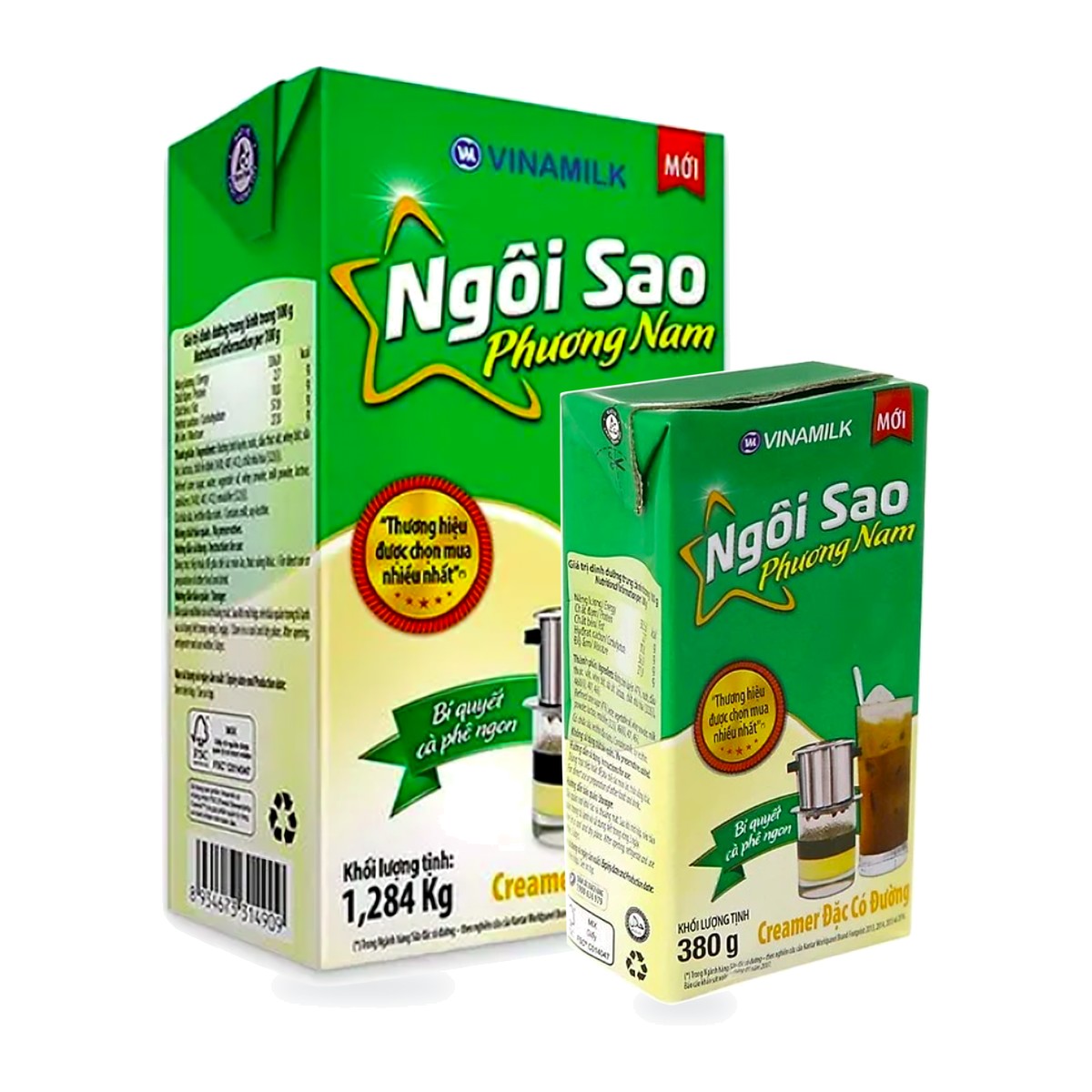 Sữa đặc Ngôi Sao Phương Nam nhãn xanh lá hộp giấy 1.284kg và 380g