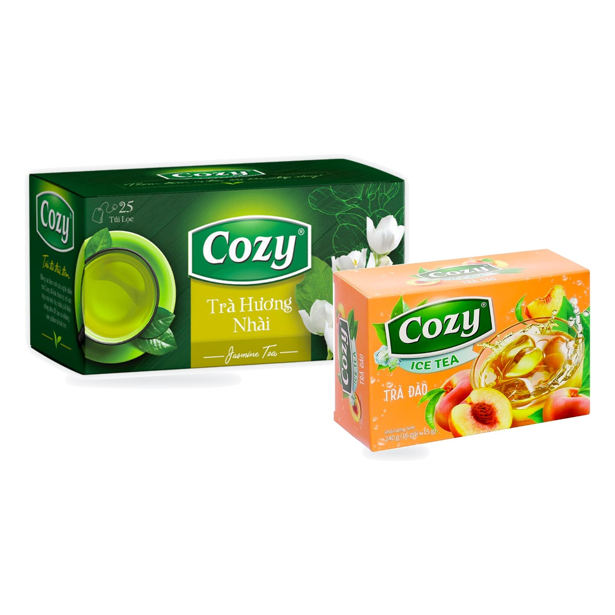 Trà Cozy túi lọc hương lài và trà Cozy hòa tan vị đào 3in1