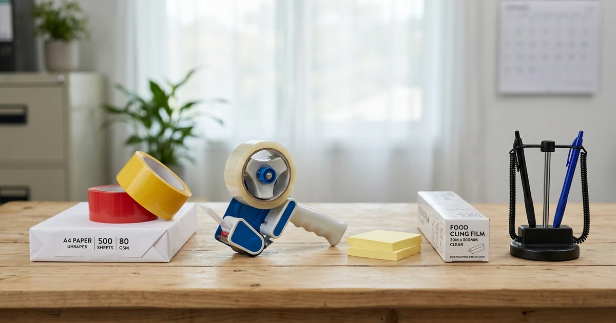 Ram giấy A4, cuộn băng keo đỏ và vàng, dụng cụ cắt băng keo cầm tay, tập giấy note vàng, hộp màng bọc thực phẩm và đế bút bi cắm bàn