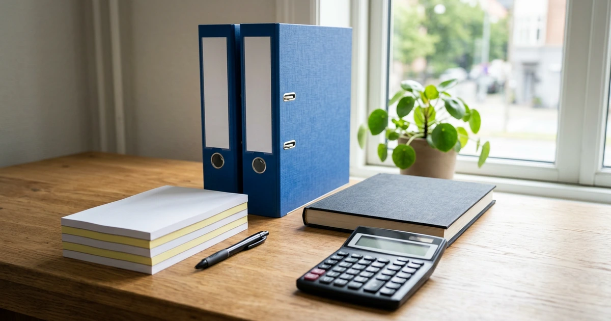 Bàn gỗ cạnh cửa sổ: hai bìa còng xanh dương dựng đứng, xấp phiếu trắng gáy vàng, sổ bìa cứng đen, bút đen và máy tính bỏ túi