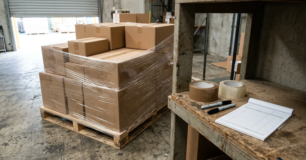 Kệ gỗ trong kho cạnh cửa cuốn: pallet thùng carton quấn màng PE, cuộn băng keo nâu và băng keo trong, hai bút lông dầu đen và một cuốn phiếu carbonless