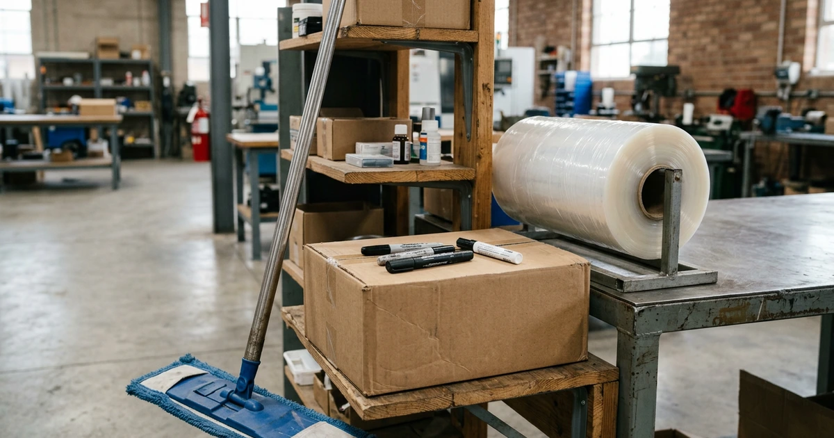 Kệ gỗ trong xưởng: vài cây bút lông dầu đen đặt trên thùng carton, cây lau sàn cán inox dựa vào kệ, cuộn màng bọc trong suốt trên bàn kim loại