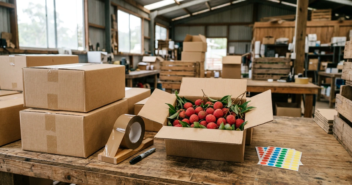 Bàn đóng gói trong nhà kho: vài thùng carton nâu, một thùng mở đựng quả vải đỏ còn lá, cuộn băng keo nâu trên đế gỗ, bút lông dầu đen và tờ tem tròn nhiều màu
