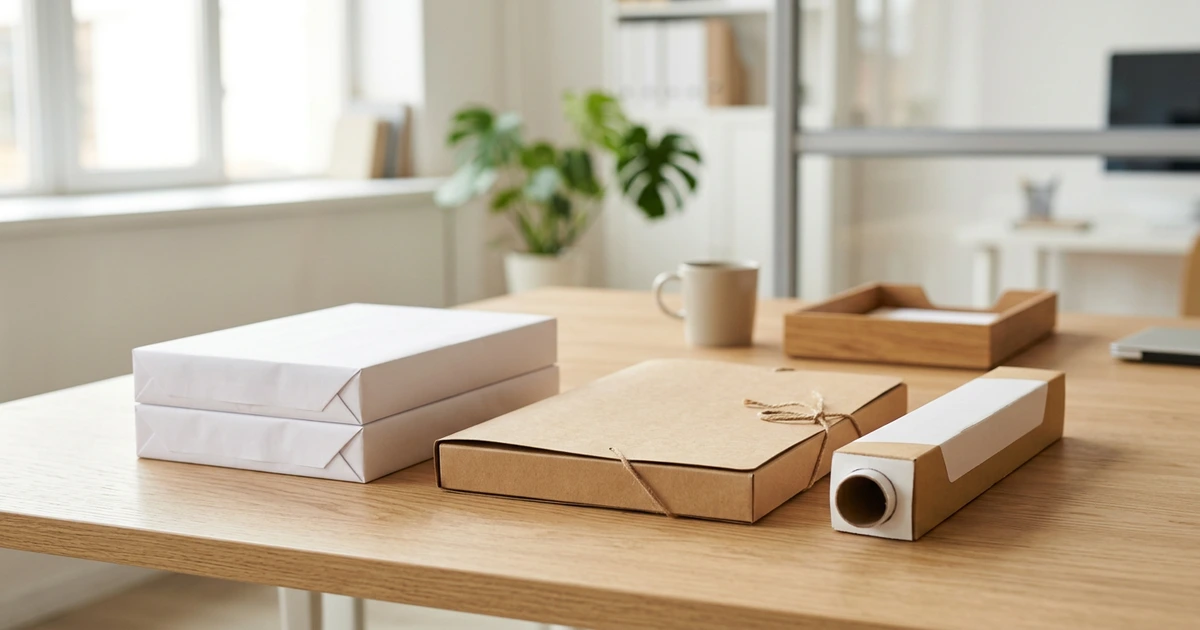 Ram giấy in, bìa 3 dây buộc dây và hộp cuộn giấy dùng cho bếp trên bàn làm việc