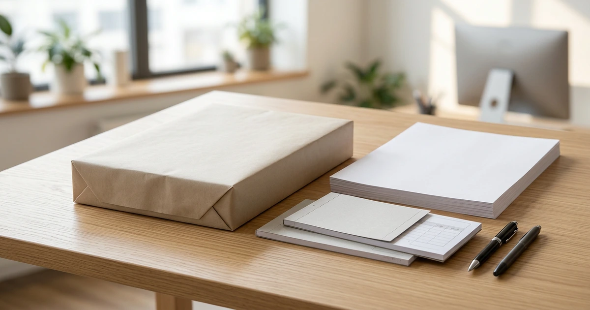 Ram giấy bọc giấy kraft, xấp giấy trắng, cuốn phiếu và hai cây bút trên bàn gỗ văn phòng