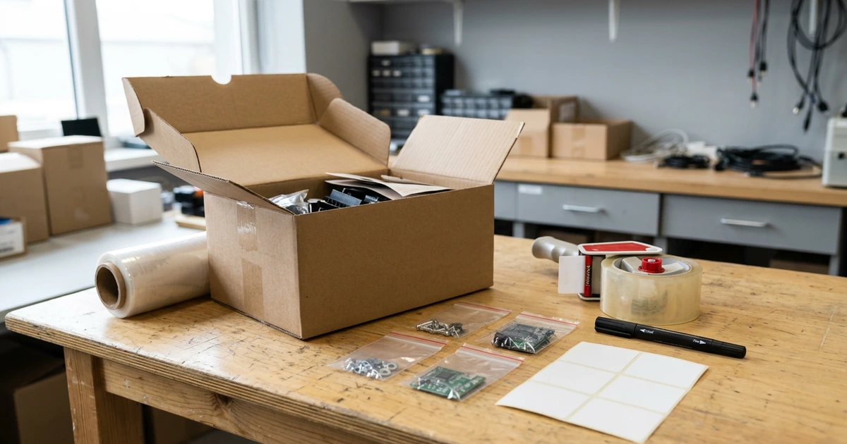 Bàn đóng gói vật tư tại xưởng với thùng carton, cuộn màng PE, băng keo trong, bút lông dầu, túi zip đựng linh kiện và nhãn dán mã vạch