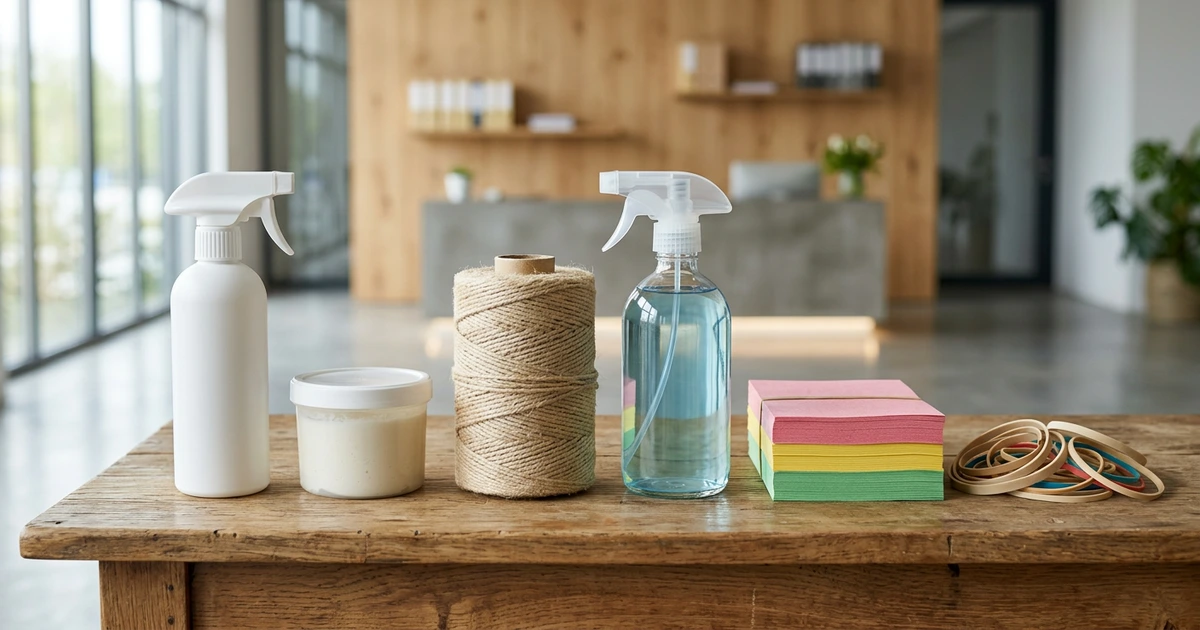 Chai xịt trắng, hũ kem tẩy, cuộn dây buộc, chai nước lau kính, xấp giấy màu và dây thun trên bàn gỗ