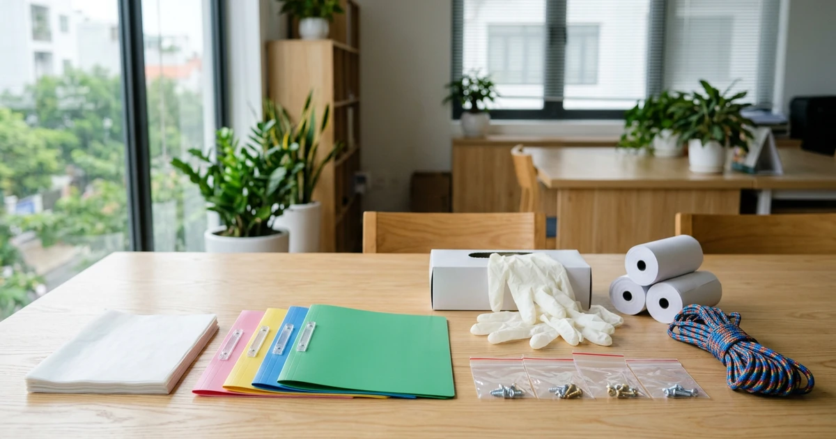 Xấp giấy niêm phong mỏng, bốn bìa acco giấy hồng vàng dương xanh lá, găng tay y tế, túi zip chỉ đỏ đựng ốc vít, cuộn giấy in bill và cuộn dây ni lông trên bàn gỗ