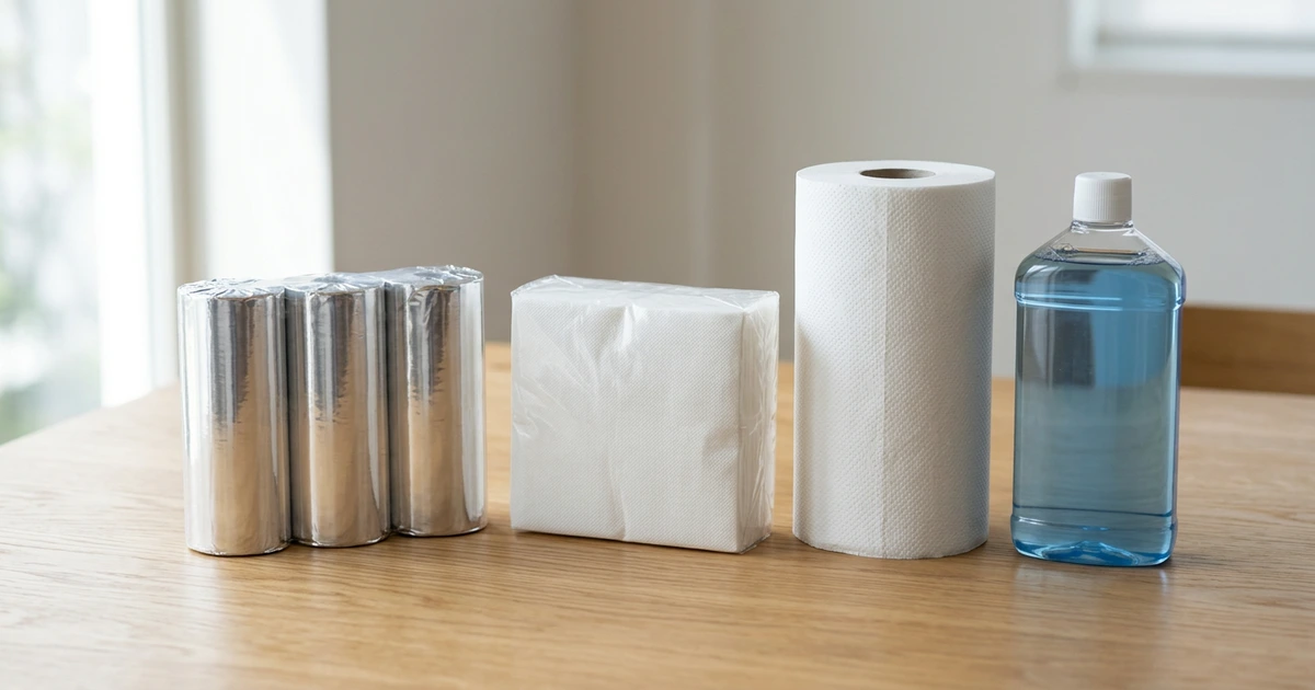 Ba cuộn giấy bọc bạc, xấp khăn giấy, cuộn khăn giấy và chai nước lau màu xanh trên bàn gỗ