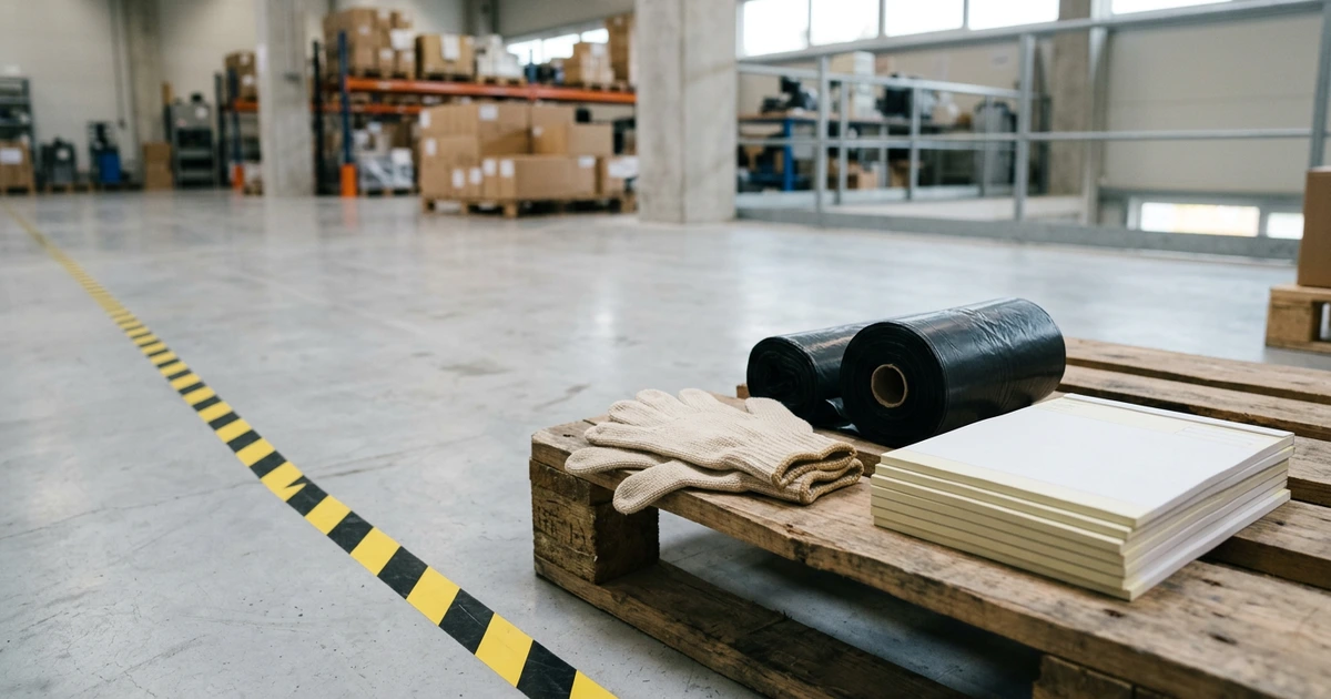 Sàn xưởng bê tông có vạch băng keo sọc vàng đen kẻ lối đi, phía trước trên pallet gỗ là đôi găng len, hai cuộn túi rác đen và chồng phiếu giấy trắng